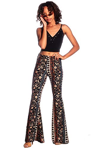 SWEETKIE Boho Flare Hose, elastische Taille, weites Bein Hose für Frauen, solide & bedruckt, dehnbar und weich, Schwarz Blau Rost 10020, Groß von SWEETKIE