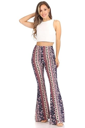 SWEETKIE Boho Flare Pants, Elastischer Bund, Weites Bein Hose für Damen, Solide & Bedruckt, Dehnbar und Weich, Navy Rust Rose 10020, X-Klein SWEETKIE Boho Flare Pants, Elastischer Bund, Weites Bein Hose für Damen, Solide & Bedruckt, Dehnbar und Weich, Navy Rust Rose 10020, X-Klein von SWEETKIE