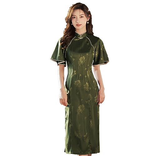 Chinesisches Kleid Für Damen – Sommer, Dunkelgrün, Jacquard-Satin, Umgekehrt, Großärmelig, Cheongsam, Damen-Retro, Chinesischer Stil, Modernes Qipao-Abendkleid Für Damen, Stil A, 3XL von SWEPER