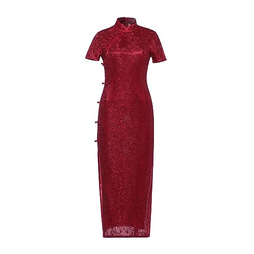 Chinesisches Kleid Für Damen – Spitze, Lang, Cheongsam, Rot, Stehkragen, Bankett, Schmales Kleid, Tägliches Chinesisches Hochzeitskleid, Qipao, Traditionelles Kleid, Stil A, 3XL von SWEPER