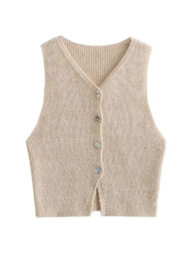 SWEPER Ärmellose Strickweste Für Damen - Damenmode Beige Einreihige Strickweste Tanktops Vintage V-Ausschnitt Ärmellos Weiblich Chic Lady Top,Beige,L von SWEPER