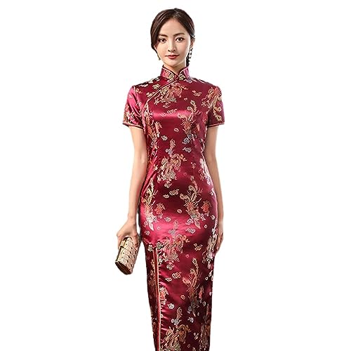 SWEPER Chinesisches Kleid Für Damen – Elegantes Brokat-Satin, Lange Gabel, Cheongsam, Chinesisches Klassisches Damen-Qipao, Kurzärmelig, Sexy Hochzeits-Abend-Partykleid, Rot, L von SWEPER