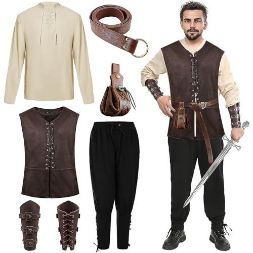 SWHCM Mittelalter Kleidung Herren Set – Renaissance Kostüm Herren Mittelalter Kleidung Männer Viking Kostüm Halloween Fasching mit Weste, Hemd, Hose, Gürtel, Armband, Beutel (XXL (Doppel Extra Groß)) von SWHCM