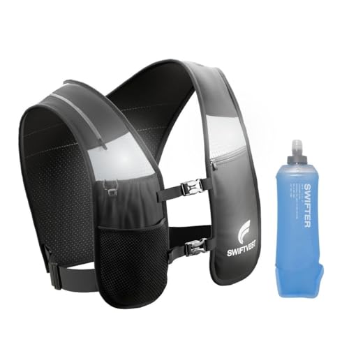 SWIFTVEST™ Laufweste für Damen & Herren – Leichte, Reflektierende Trinkweste mit 500 ml Trinkflasche & Handytasche – Verstellbar & Unisex – Laufzubehör (Black, XS-S) von SWIFTVEST