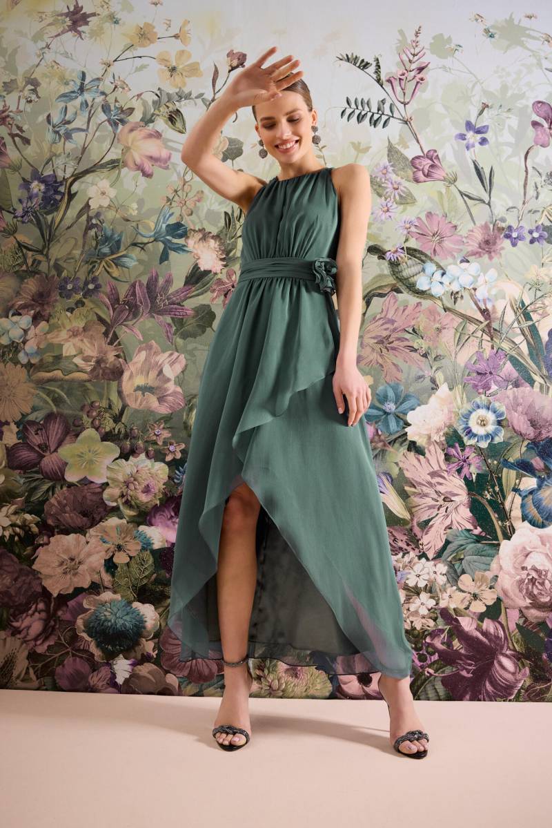 SWING - Abendkleid aus Chiffon mit Vokuhila Saum und Stoffblüte deep slate - Gr. - 38 von SWING
