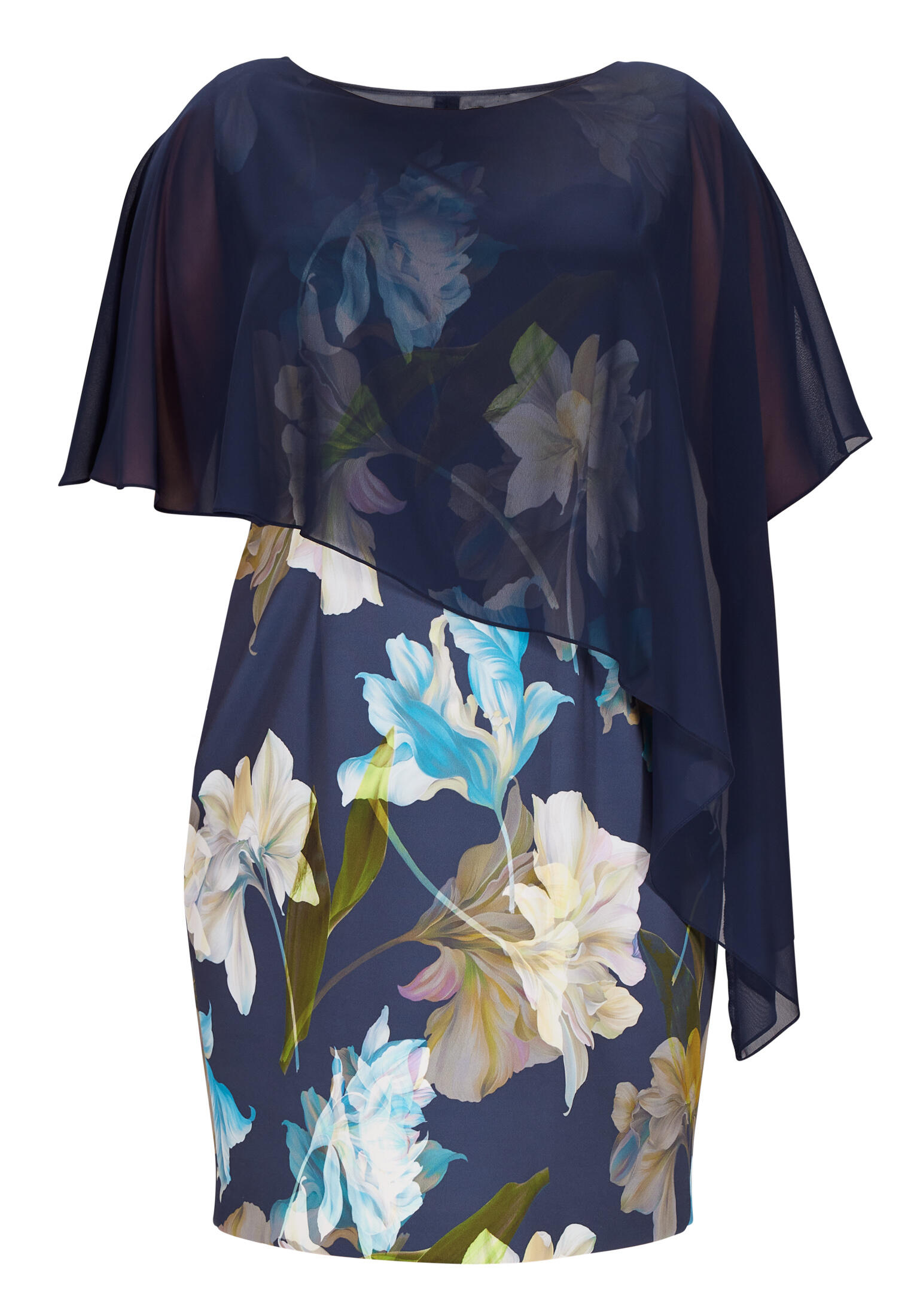 SWING - Curve / Etui Kleid aus bedrucktem Scuba mit Chiffon Überwurf navy / multi - Gr. - 50 von SWING