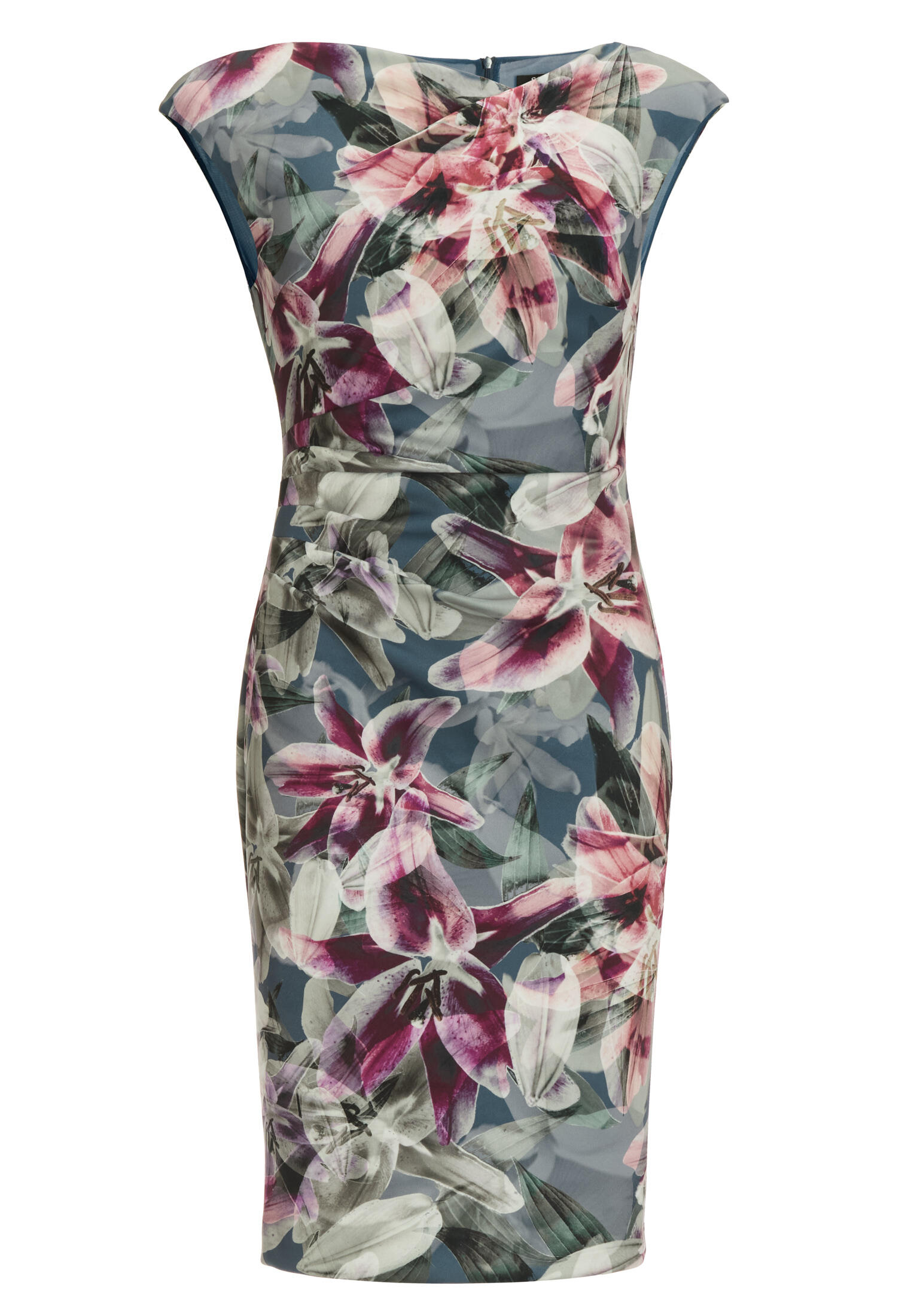 SWING - Etui Kleid aus bedrucktem Scuba mit Drapierung timeless blue / multi - Gr. - 44 von SWING