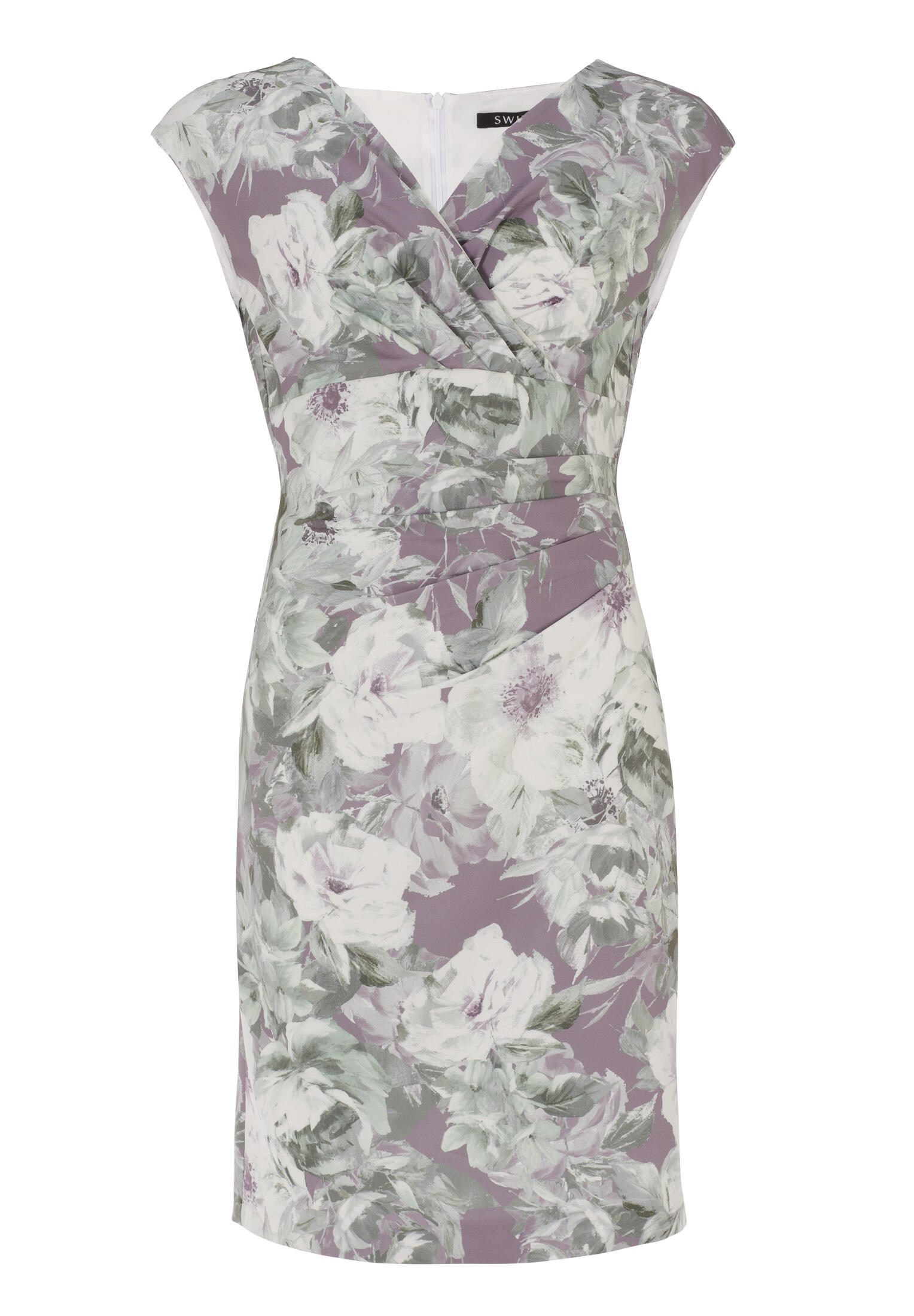 SWING - Etui Kleid aus leichtem Scuba mit Blumendruck und Drapierung mauve purple / multi - Gr. - 46 von SWING