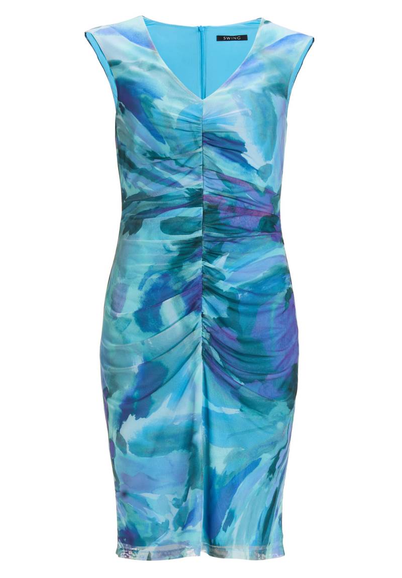 SWING - Etuikleid mit V-Ausschnitt und Raffung aus bedrucktem Mesh cruise blue / multi von SWING
