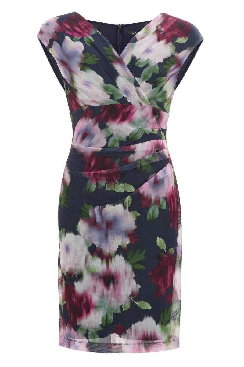 SWING - Etuikleid mit Wickel-Ausschnitt aus bedrucktem Mesh navy / ruby red - Gr. - 42 von SWING