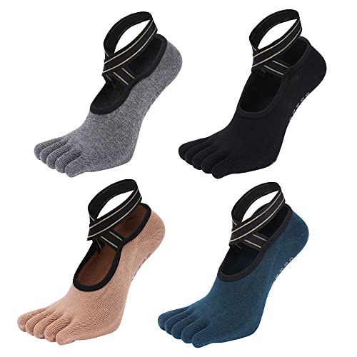 SWINILAYA 4 Paare Damen Yogasocken Zehensocken für Yoga mit Riemen Sticky Damen Yogasocken Rutschfeste Sportsocken mit Gummisohlen Socken für Pilates Ballett Tanz von SWINILAYA