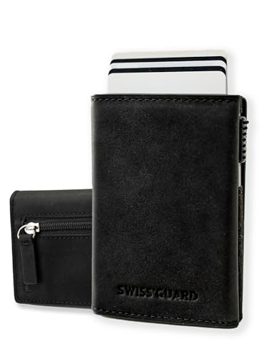 Slim Wallet mit Münzfach & RFID-Schutz - 100% Echtleder - Premium Kreditkartenetui - Kartenetui - Card Holder - Slim Wallet mit Scheinfach - Portmonnaie - Geldbörse - Unisex - Schwarz(Schwarz) von SWISS'GUARD