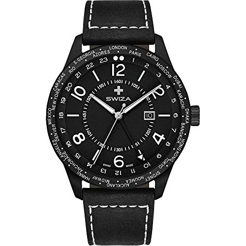 SWIZA Armbanduhr Magnus GMT, Ronda 515.24h Uhrwerk, Edelstahl 316L, schwarz PVD-Coated, Saphirglas, Kalbsleder von SWIZA