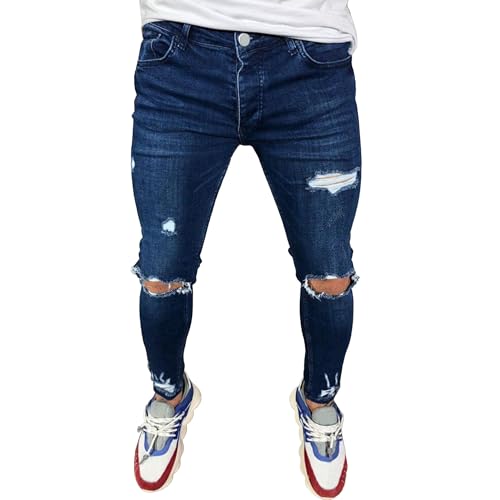 Herren Skinny Fit Denim Hose Slim Fit Ripped Tapered Leg Jeans Comfort Flex Waist Jeans Pants, Deep Blue4, Groß von SWJGLITTR