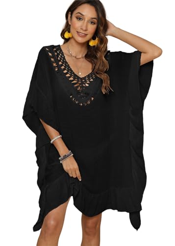 SWOAMER Damen Bikini Cover Up Luftig Strandkleid V Ausschnitt Häkel Knielang Sommerkleid Strandponcho Beachwear Schwarz XL von SWOAMER