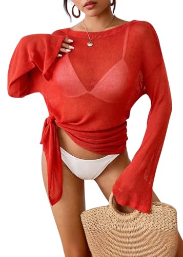 SWOAMER Damen Bikini Cover Up Strandkleid Boho Bademode Pareos Strandponcho Kraftan Strandtunika für Strandurlaub Rot Einheitsgröße von SWOAMER