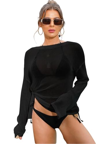 SWOAMER Damen Bikini Cover Up Strandkleid Boho Bademode Pareos Strandponcho Kraftan Strandtunika für Strandurlaub Schwarz Einheitsgröße von SWOAMER