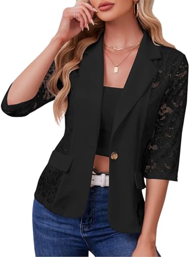 SWOAMER Damen Blazer mit Spitze Casual Kurzblazer 3/4 Ärmel Arbeit Jacke durchsichtiger Netzblazer Schwarz L von SWOAMER