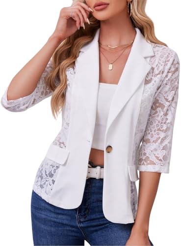 SWOAMER Damen Blazer mit Spitze Casual Kurzblazer 3/4 Ärmel Arbeit Jacke durchsichtiger Netzblazer Weiß XL von SWOAMER