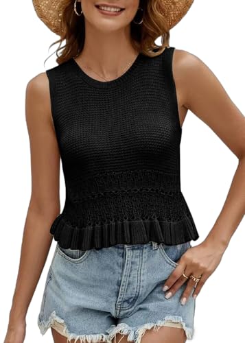 SWOAMER Damen Crop Tank Top Ärmellos Tanktops Sommer Crochet Rüschen Saum Tank Casual Tops Schwarz M von SWOAMER