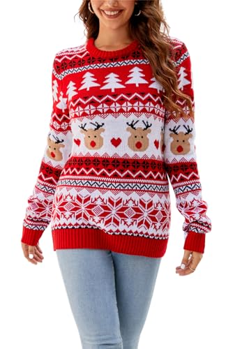 SWOAMER Damen Fun Weihnachtspullover Rundhals Strickpullover Hässlicher Pullover Weihnachten Warm Norwegerpullover Winter Lustig Christmas Sweater Mode03-Rot M von SWOAMER