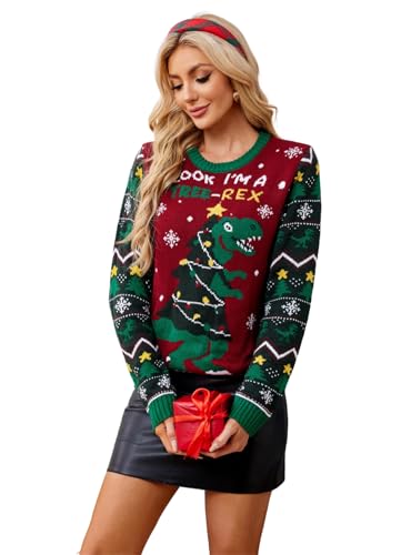SWOAMER Damen Fun Weihnachtspullover Rundhals Winterpullover Weihnachten Strickpullover Schneemann Strickpulli mit Weihnachtsbaum Ugly Christmas Sweater mit Pailletten Rotwein S von SWOAMER