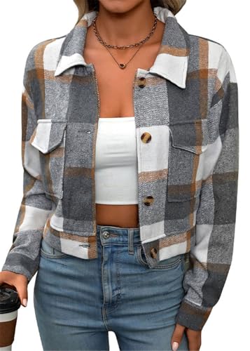 SWOAMER Damen Karierte Hemdjacke Langarm Winter Flanell Jacke Kurz Karierte Bluse Mantel mit Knöpfen Grau Weiß M SWOAMER Damen Karierte Hemdjacke Langarm Winter Flanell Jacke Kurz Karierte Bluse Mantel mit Knöpfen Grau Weiß M von SWOAMER