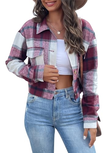 SWOAMER Damen Karierte Hemdjacke Langarm Winter Flanell Jacke Kurz Karierte Bluse Mantel mit Knöpfen Rotwein M von SWOAMER