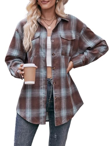 SWOAMER Damen Kariertes Hemdbluse Oversize Knopfleiste Langarm Kariert Hemd Oktoberfest Karo Bluse Casual Tops Braun-blau XXL von SWOAMER