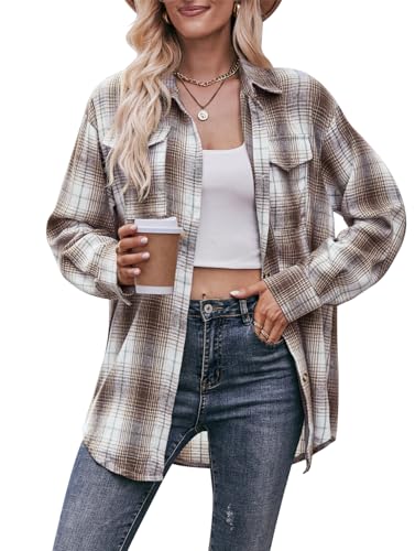 SWOAMER Damen Kariertes Hemdbluse Oversize Knopfleiste Langarm Kariert Hemd Oktoberfest Karo Bluse Casual Tops Kaffee S von SWOAMER