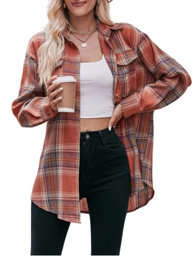 SWOAMER Damen Kariertes Hemdbluse Oversize Knopfleiste Langarm Kariert Hemd Oktoberfest Karo Bluse Casual Tops Karamell L von SWOAMER