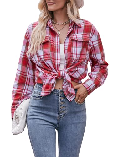 SWOAMER Damen Kariertes Hemdbluse Oversize Knopfleiste Langarm Kariert Hemd Oktoberfest Karo Bluse Casual Tops Rot XL von SWOAMER