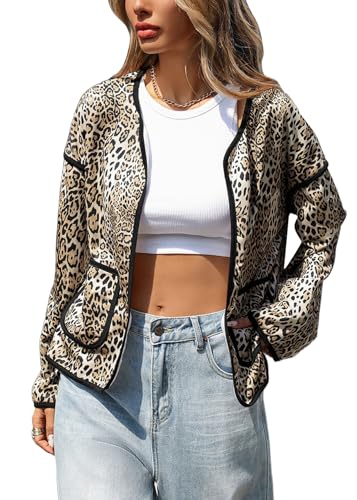 SWOAMER Damen Leopardenmuster Jacke Dünn Blouson mit Taschen Trendy Frühlingsjacke Kurze Freizeitjacke Kaffee M von SWOAMER