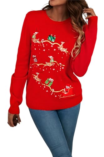 SWOAMER Damen Sequin Pullover Weihnachten Strickpullover Rentier Schneeflocken Paillette Warme Strickpulli Lustig Christmas Sweater Rentier02-rot XXL von SWOAMER