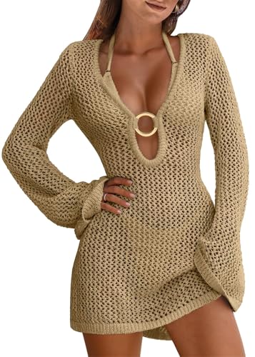 SWOAMER Damen Sexy Bikini Cover Up V-Ausschnitt Strandkleid Langarm Badeanzug Lochmuster Häkelt Cutout Beach Crochet Cover Up Khaki M von SWOAMER