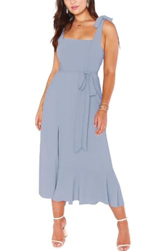 SWOAMER Damen Sommer Abendkleid mit Schlitz Elegant Partykleid Maxi Trägerkleid Festlich A-Linie Kleider Blau M von SWOAMER