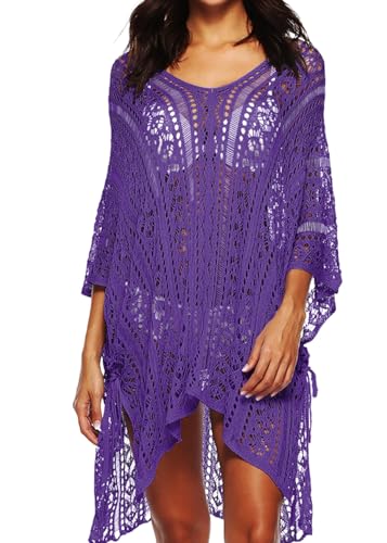 SWOAMER Damen Sommer Bikini Cover Up V-Ausschnitt Strandkleid Strandponcho mit Cutout Crochet Sommer Kleider Badeanzug für Strandurlaub Violett Einheitsgröße von SWOAMER