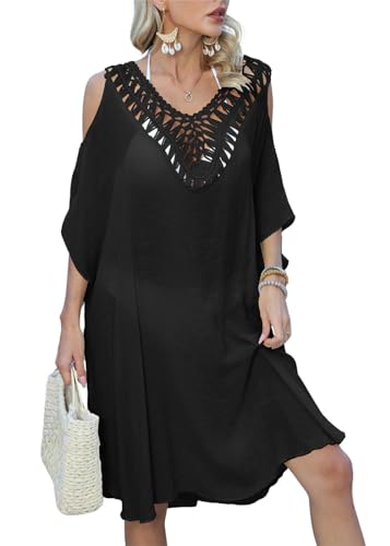 SWOAMER Damen Sommer Boho Strandkleid Häkelkleid Schulterfrei V-Ausschnitt Sexy Bikini Cover Up Strandponcho Schwarz Einheitsgröße SWOAMER Damen Sommer Boho Strandkleid Häkelkleid Schulterfrei V-Ausschnitt Sexy Bikini Cover Up Strandponcho Schwarz Einheitsgröße von SWOAMER