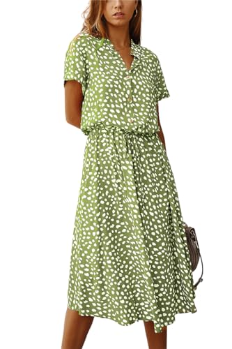 SWOAMER Damen Sommerkleid Blusenkleid mit Knöpfe Polka Dots Midikleid Kurzarm V-Ausschnitt Locker Knielang Freizeit Sommerkleider für Damen Grün L von SWOAMER