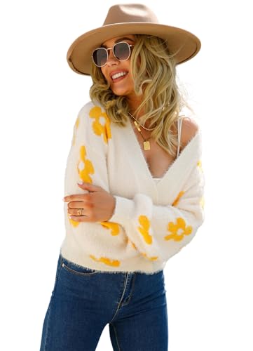 SWOAMER Damen Strickjacke Kurz Süß Cardigan Lässig Open Front Strickmantel Sweater Langarm Frühling Winter Oberteile Casual Pullover Cremeweiß S von SWOAMER