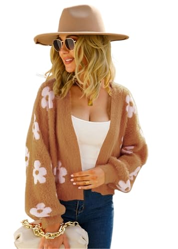 SWOAMER Damen Strickjacke Kurz Süß Cardigan Lässig Open Front Strickmantel Sweater Langarm Frühling Winter Oberteile Casual Pullover Khaki L von SWOAMER