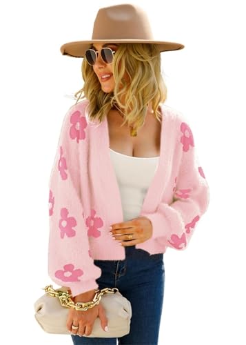 SWOAMER Damen Strickjacke Kurz Süß Cardigan Lässig Open Front Strickmantel Sweater Langarm Frühling Winter Oberteile Casual Pullover Rosa L von SWOAMER