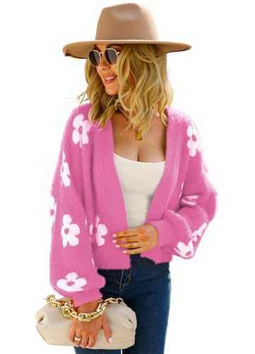 SWOAMER Damen Strickjacke Kurz Süß Cardigan Lässig Open Front Strickmantel Sweater Langarm Frühling Winter Oberteile Casual Pullover Rosenrot XL von SWOAMER