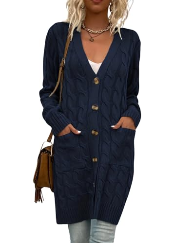 SWOAMER Damen Strickjacke Lang mit Taschen Langarm Grobstrick Cardigan Strickpulli mit Zopfmuster Winter Knopfleiste Strick Mantel Elegant Open Front Cardigan Sweater Dunkelblau L SWOAMER Damen Strickjacke Lang mit Taschen Langarm Grobstrick Cardigan Strickpulli mit Zopfmuster Winter Knopfleiste Strick Mantel Elegant Open Front Cardigan Sweater Dunkelblau L von SWOAMER
