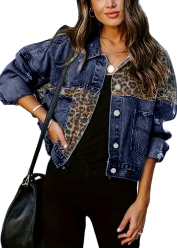 SWOAMER Damen Vintage Jeans Jacke Leopard Denim Jacke Fall Western Jacken Übergangsjacke mit Tasche Button Down Streetwear Jacken Freizeitjacke Dunkelblau S von SWOAMER