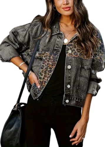 SWOAMER Damen Vintage Jeans Jacke Leopard Denim Jacke Fall Western Jacken Übergangsjacke mit Tasche Button Down Streetwear Jacken Freizeitjacke Grau XL SWOAMER Damen Vintage Jeans Jacke Leopard Denim Jacke Fall Western Jacken Übergangsjacke mit Tasche Button Down Streetwear Jacken Freizeitjacke Grau XL von SWOAMER