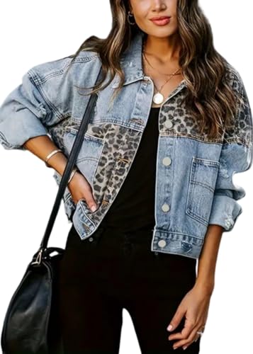 SWOAMER Damen Vintage Jeansjacke Leopard Denim Jacke Western Fall Übergangsjacke mit Tasche Button Down Streetwear Freizeitjacke Blau XXL von SWOAMER