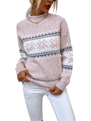 SWOAMER Damen Weihnachtspullover Schneeflocken Weihnachten Strickpullover mit Stehkragen Warmer Pullover Winter Elegant Christmas Pullover Winter Outfit Sweater Winter Pullis Rosa M von SWOAMER