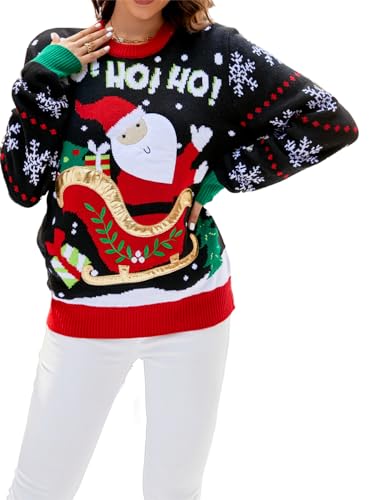 SWOAMER Damen Weihnachtspullover mit Weihnachtsmann Weihnachten Strickpullover Schneeflocke Hässliche Weihnachten Pulli Rundhals Winterpullover Langarm Christmas Sweater Schwarz 3XL von SWOAMER