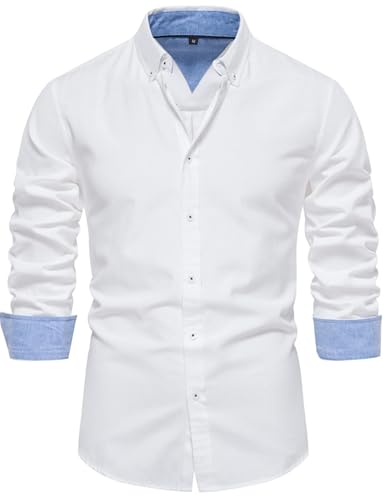 SWOAMER Herren Hemd Langarm Regular Fit Herrenhemden Kontrast Freizeithemd Anzug Businesshemd Weiß L von SWOAMER